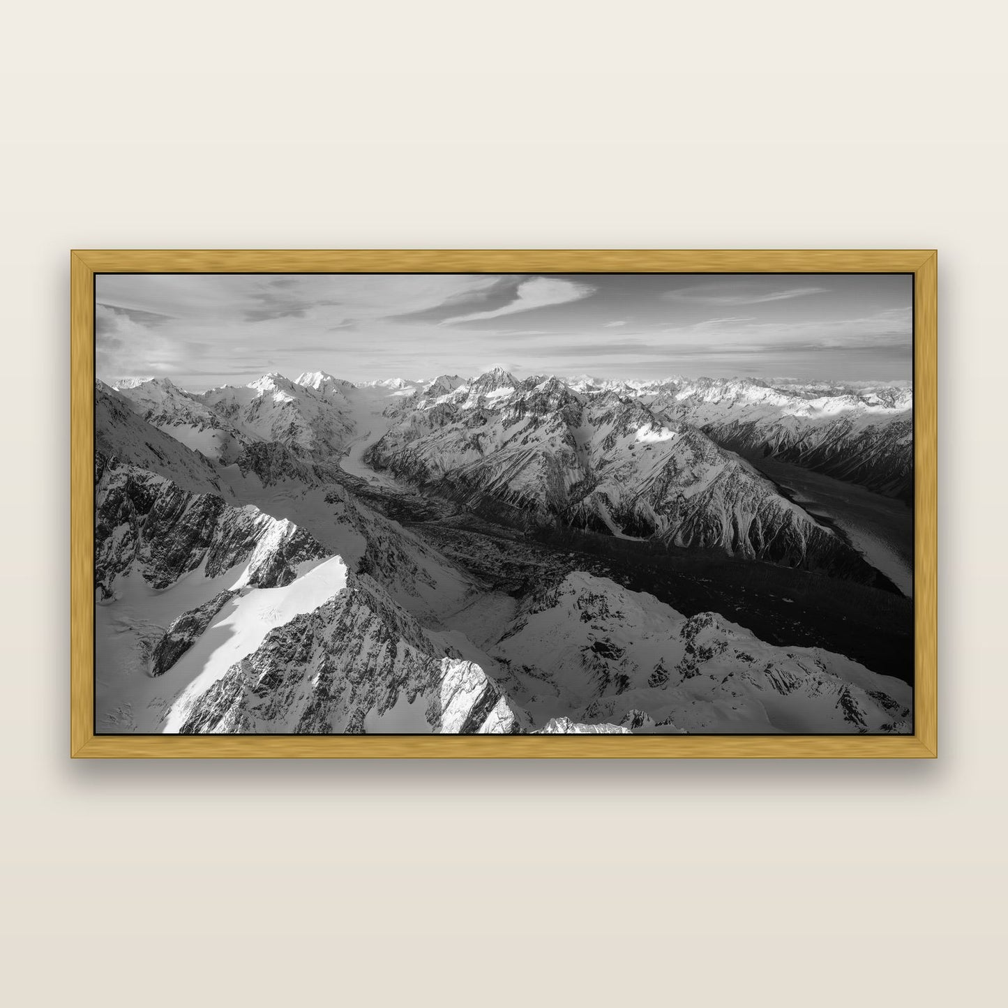 The Great Divide, Southern Alps — black and white framed metallic canvas print, Antique Gold frame. New Zealand fine art wall art by Stephen Milner.