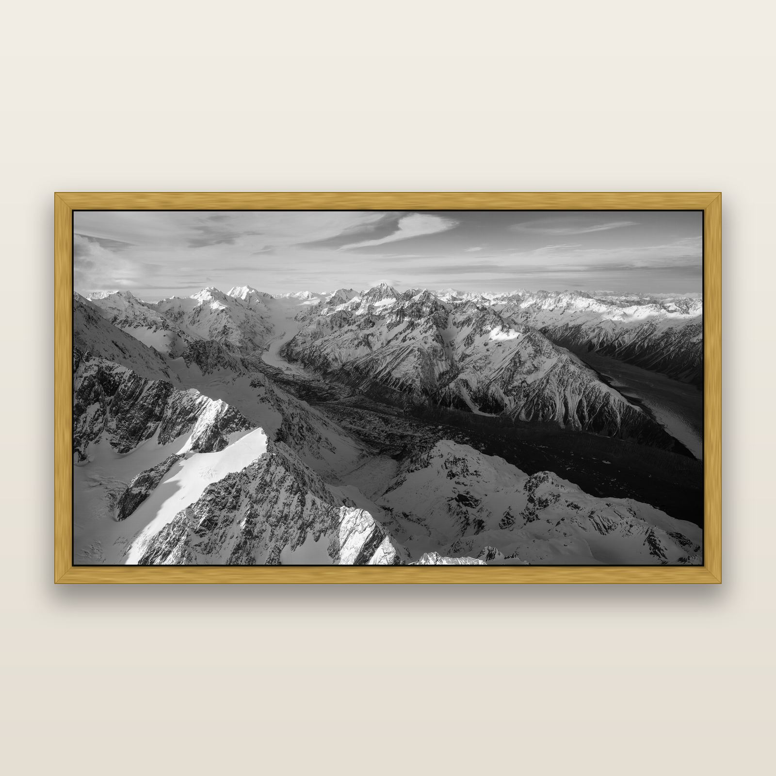 The Great Divide, Southern Alps, black and white framed metallic canvas print, Antique Gold frame. New Zealand fine art wall art by Stephen Milner.