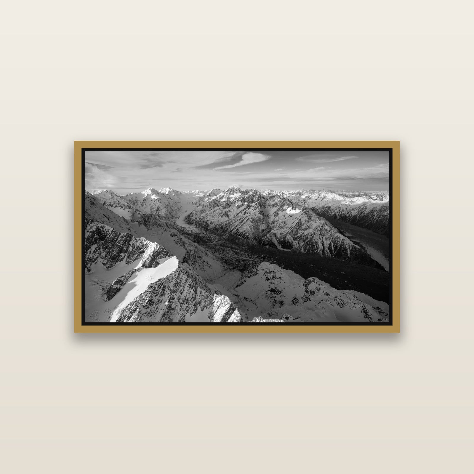 The Great Divide, Southern Alps — Antique Gold framed metallic canvas print, small 81 × 46 cm. New Zealand fine art landscape wall art by Stephen Milner.