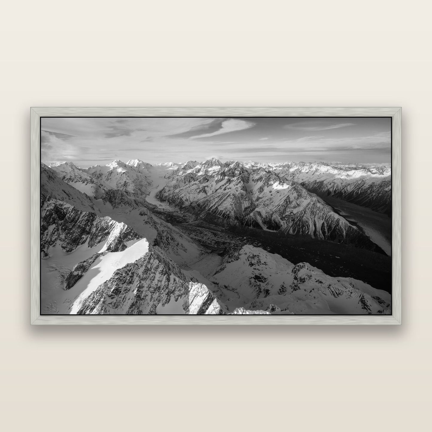 The Great Divide, Southern Alps — black and white framed metallic canvas print, Antique Silver frame. New Zealand fine art wall art by Stephen Milner.