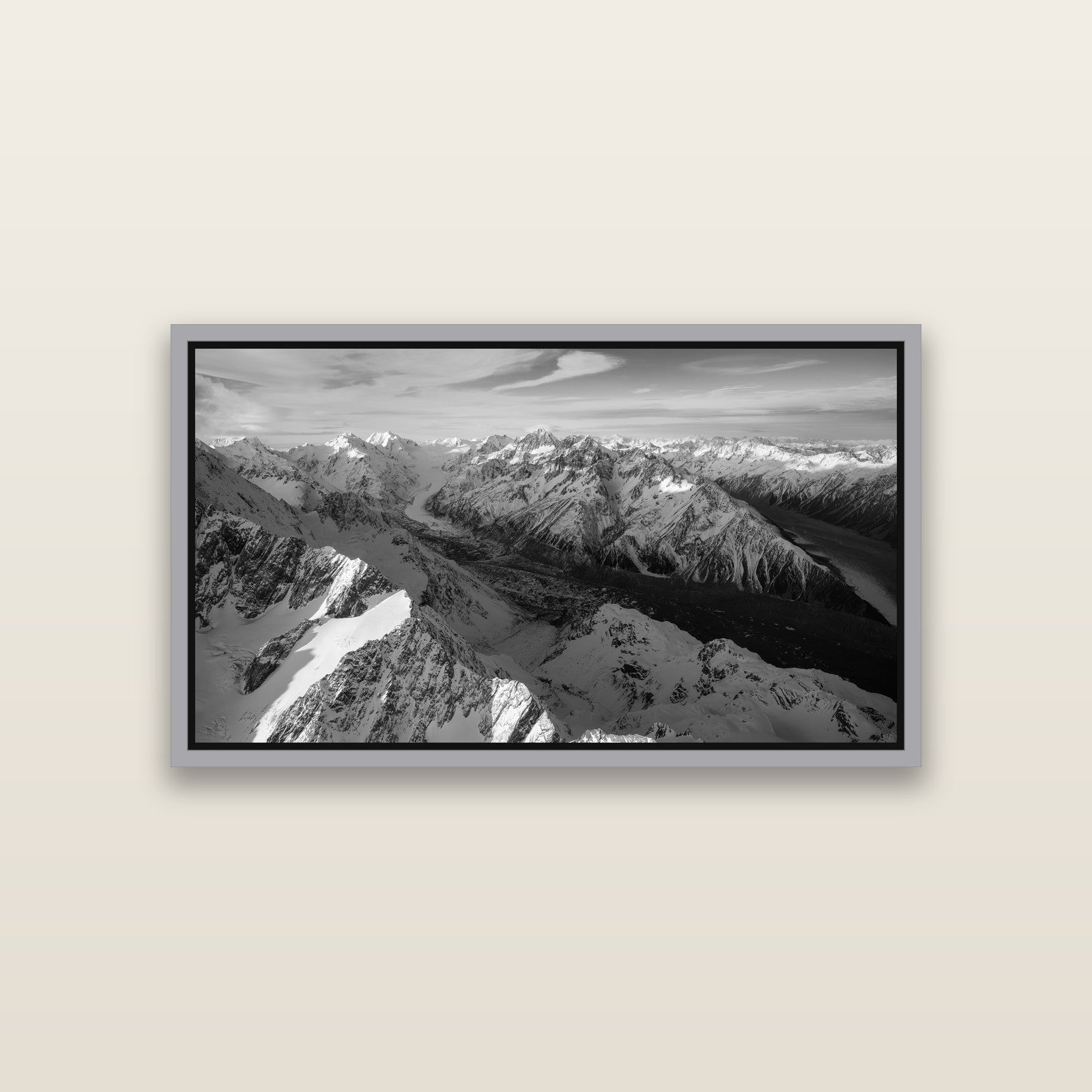 The Great Divide, Southern Alps — Antique Silver framed metallic canvas print, small 81 × 46 cm. New Zealand fine art landscape wall art by Stephen Milner.
