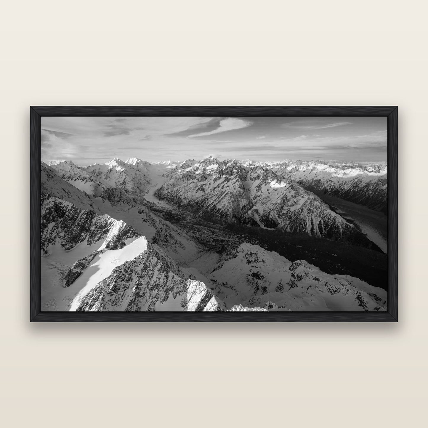 The Great Divide, Southern Alps — black and white framed metallic canvas print, Black frame. New Zealand fine art wall art by Stephen Milner.