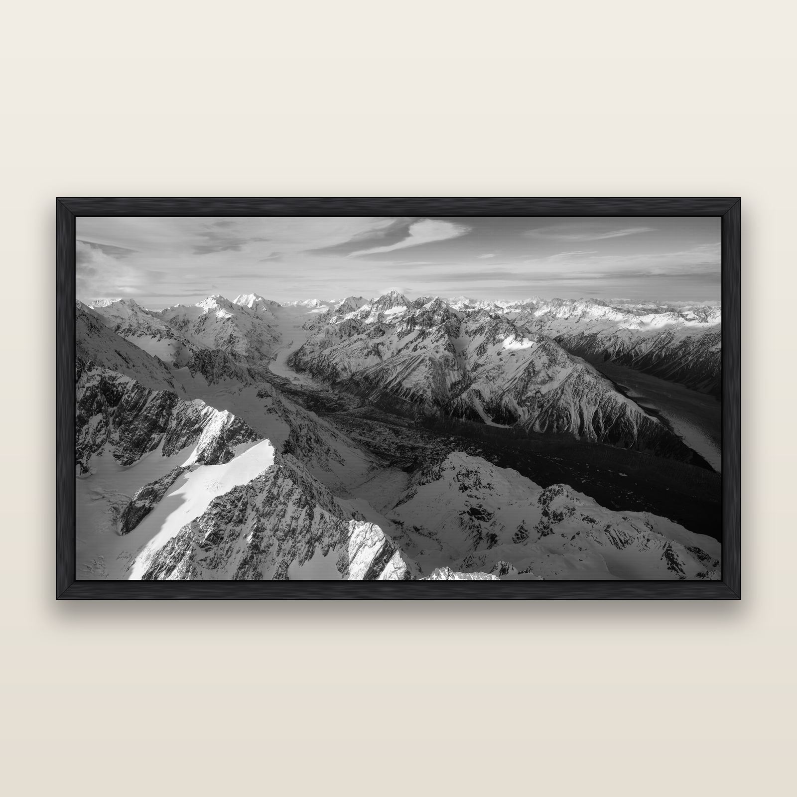 The Great Divide, Southern Alps, black and white framed metallic canvas print, Black frame. New Zealand fine art wall art by Stephen Milner.
