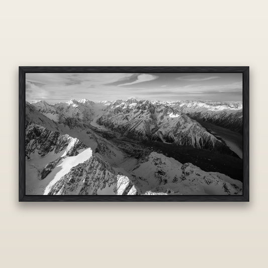 The Great Divide, Southern Alps, black and white framed metallic canvas print, Black frame. New Zealand fine art wall art by Stephen Milner.