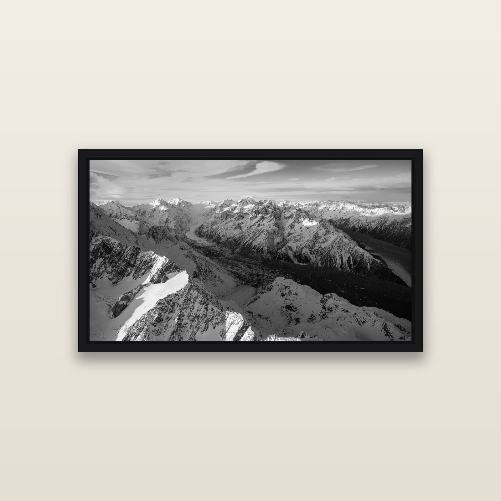 The Great Divide, Southern Alps — Black framed metallic canvas print, small 81 × 46 cm. New Zealand fine art landscape wall art by Stephen Milner.