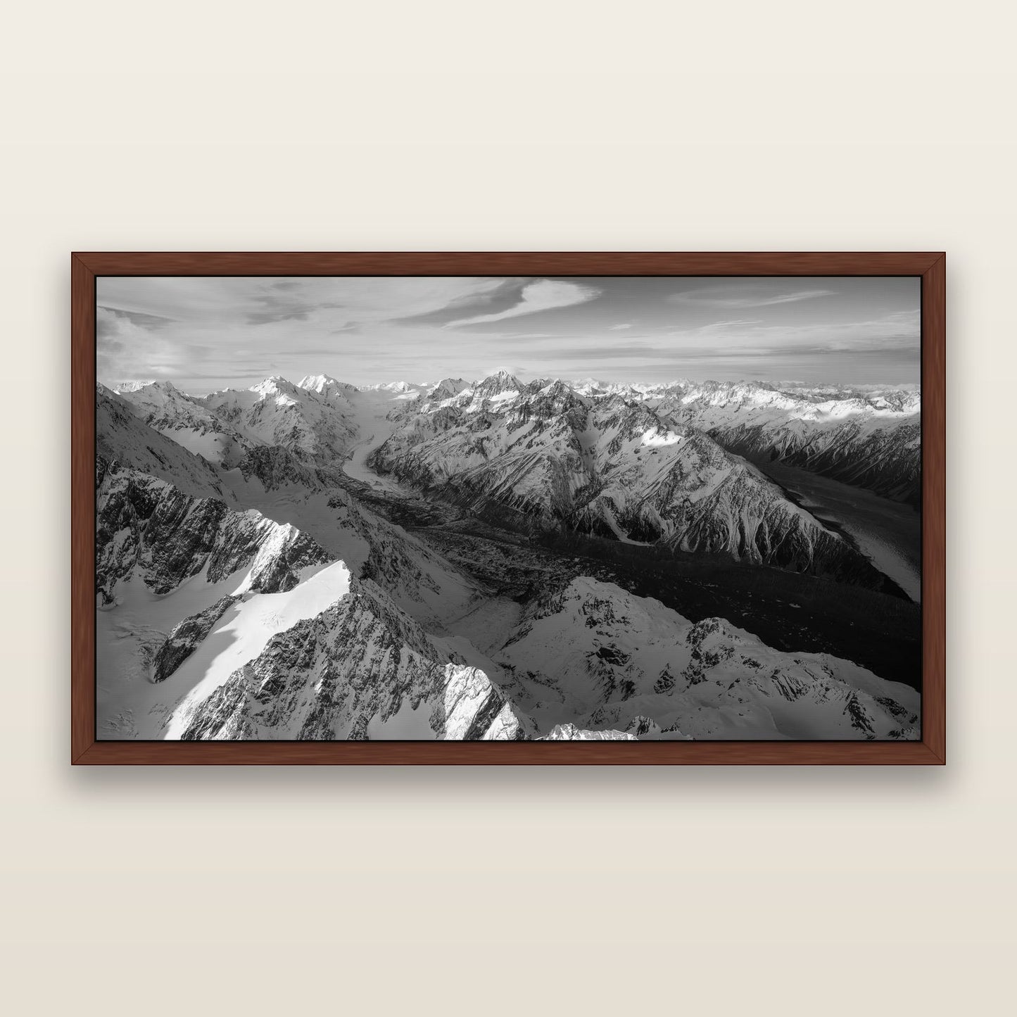 The Great Divide, Southern Alps — black and white framed metallic canvas print, Brown frame. New Zealand fine art wall art by Stephen Milner.