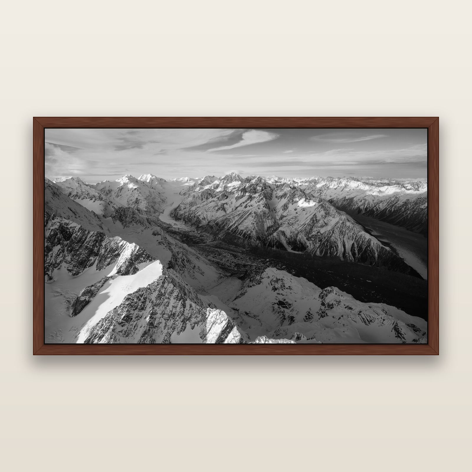The Great Divide, Southern Alps, black and white framed metallic canvas print, Brown frame. New Zealand fine art wall art by Stephen Milner.