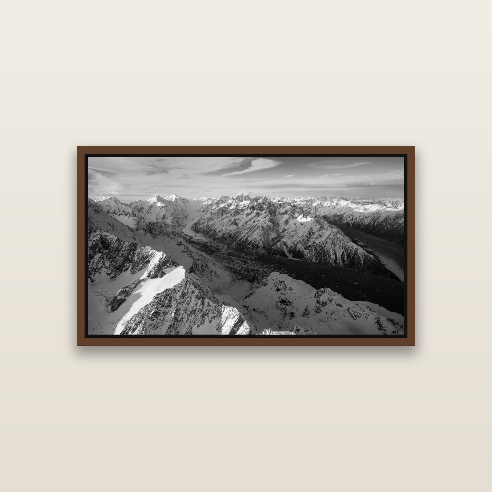 The Great Divide, Southern Alps — Brown framed metallic canvas print, small 81 × 46 cm. New Zealand fine art landscape wall art by Stephen Milner.