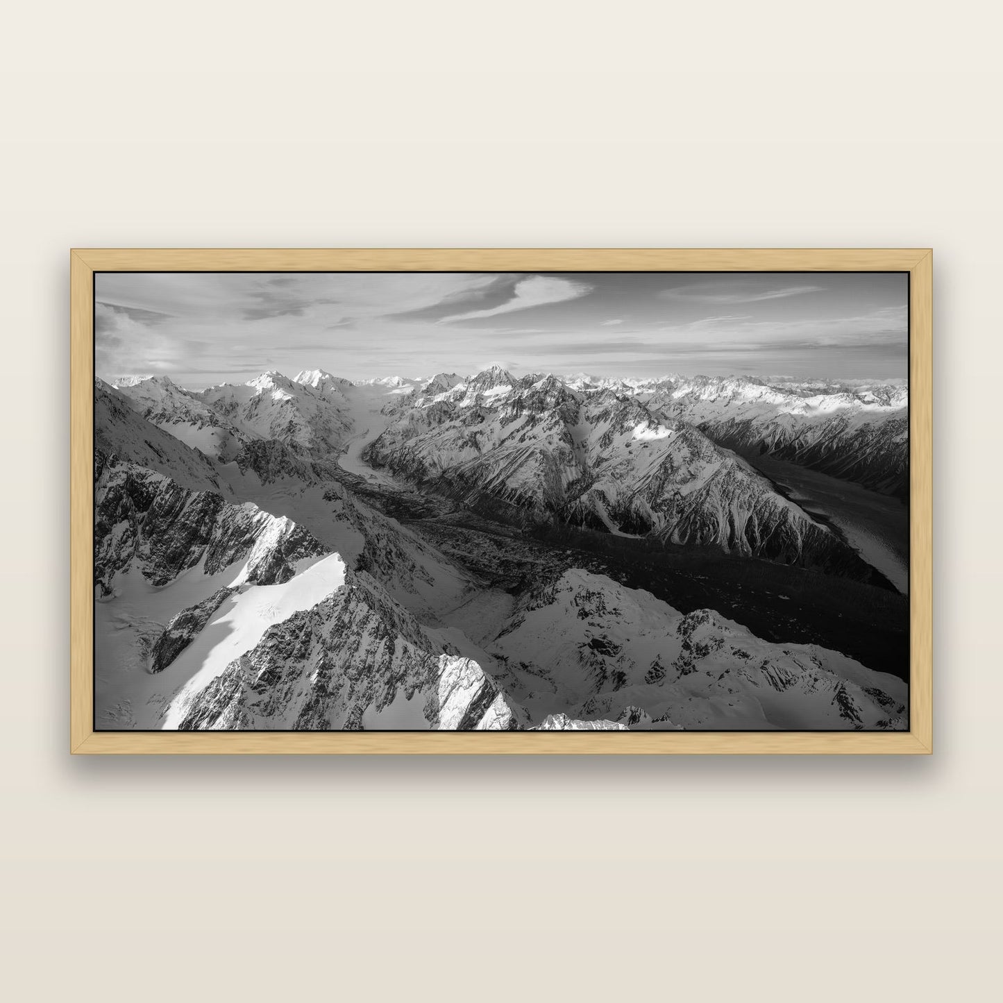 The Great Divide, Southern Alps — black and white framed metallic canvas print, Natural frame. New Zealand fine art wall art by Stephen Milner.