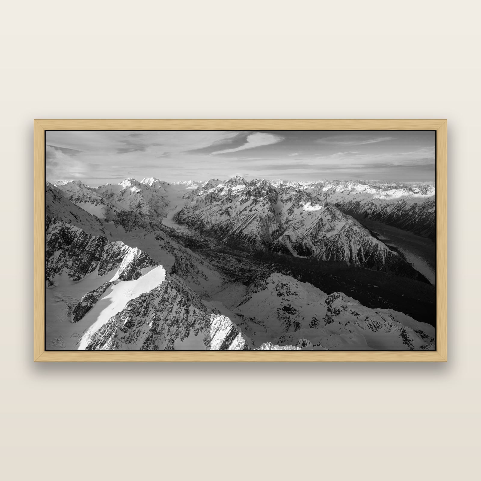 The Great Divide, Southern Alps, black and white framed metallic canvas print, Natural frame. New Zealand fine art wall art by Stephen Milner.