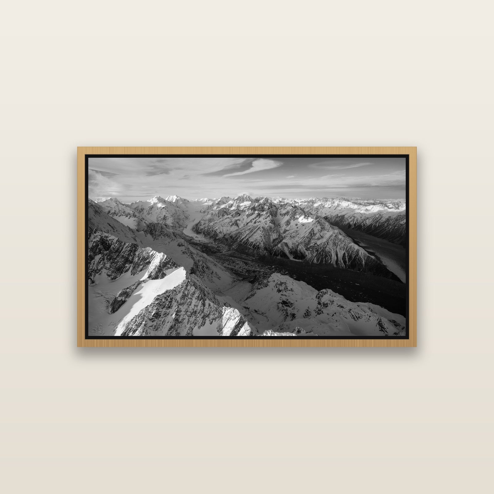 The Great Divide, Southern Alps — Natural framed metallic canvas print, small 81 × 46 cm. New Zealand fine art landscape wall art by Stephen Milner.