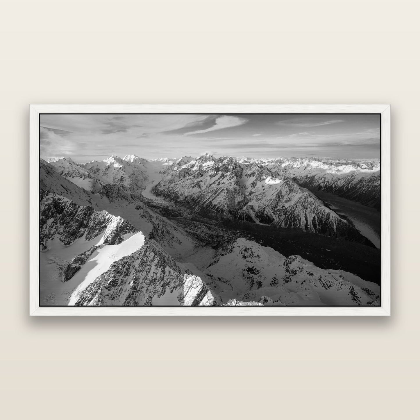 The Great Divide, Southern Alps — black and white framed metallic canvas print, White frame. New Zealand fine art wall art by Stephen Milner.