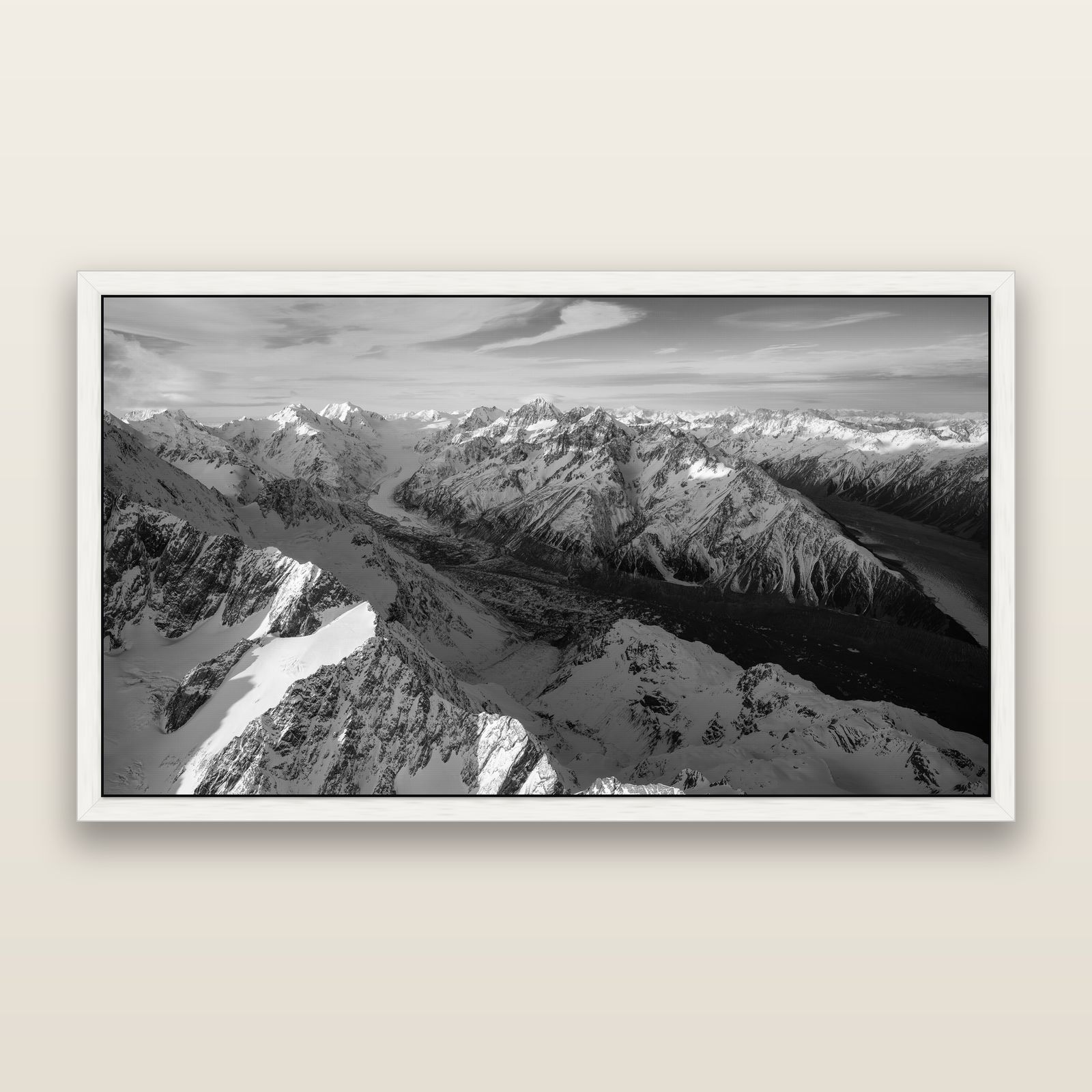 The Great Divide, Southern Alps, black and white framed metallic canvas print, White frame. New Zealand fine art wall art by Stephen Milner.