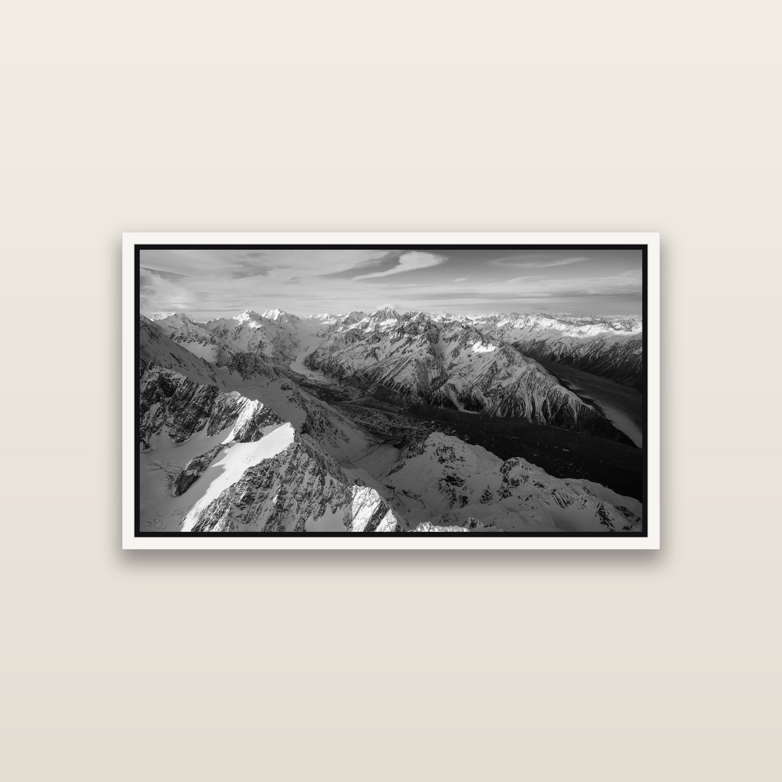 The Great Divide, Southern Alps — White framed metallic canvas print, small 81 × 46 cm. New Zealand fine art landscape wall art by Stephen Milner.