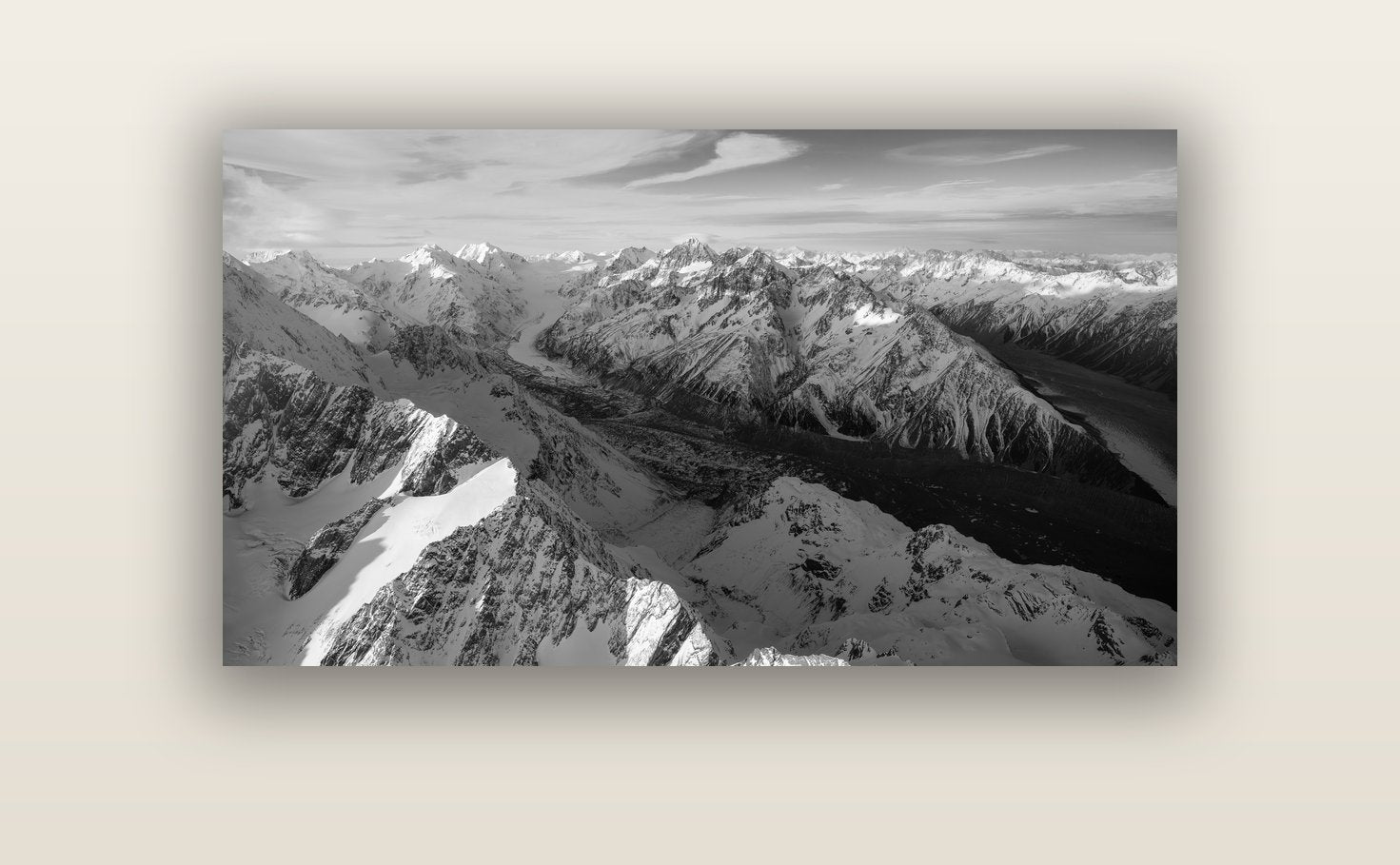 The Great Divide, Southern Alps — acrylic glass print, 122 × 61 cm. New Zealand fine art landscape wall art by Stephen Milner.