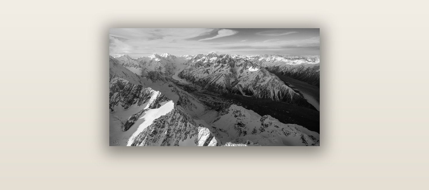 The Great Divide, Southern Alps — acrylic glass print, 61 × 30 cm. New Zealand fine art landscape wall art by Stephen Milner.