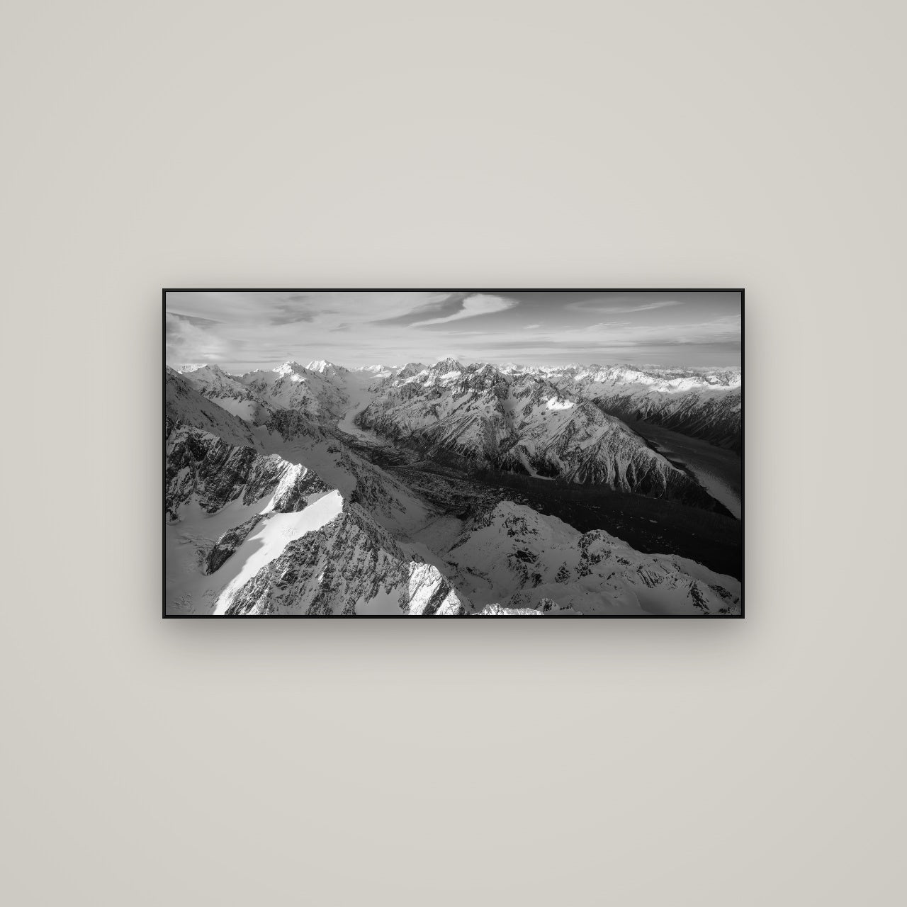 The Great Divide, Southern Alps — ArtBox Black, 107×60 cm. New Zealand fine art wall art by Stephen Milner.