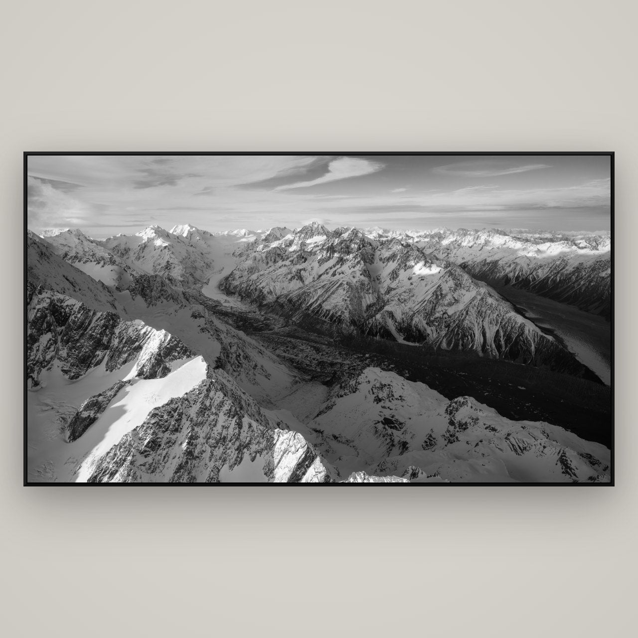 The Great Divide, Southern Alps — ArtBox Black, 196×110 cm. New Zealand fine art wall art by Stephen Milner.