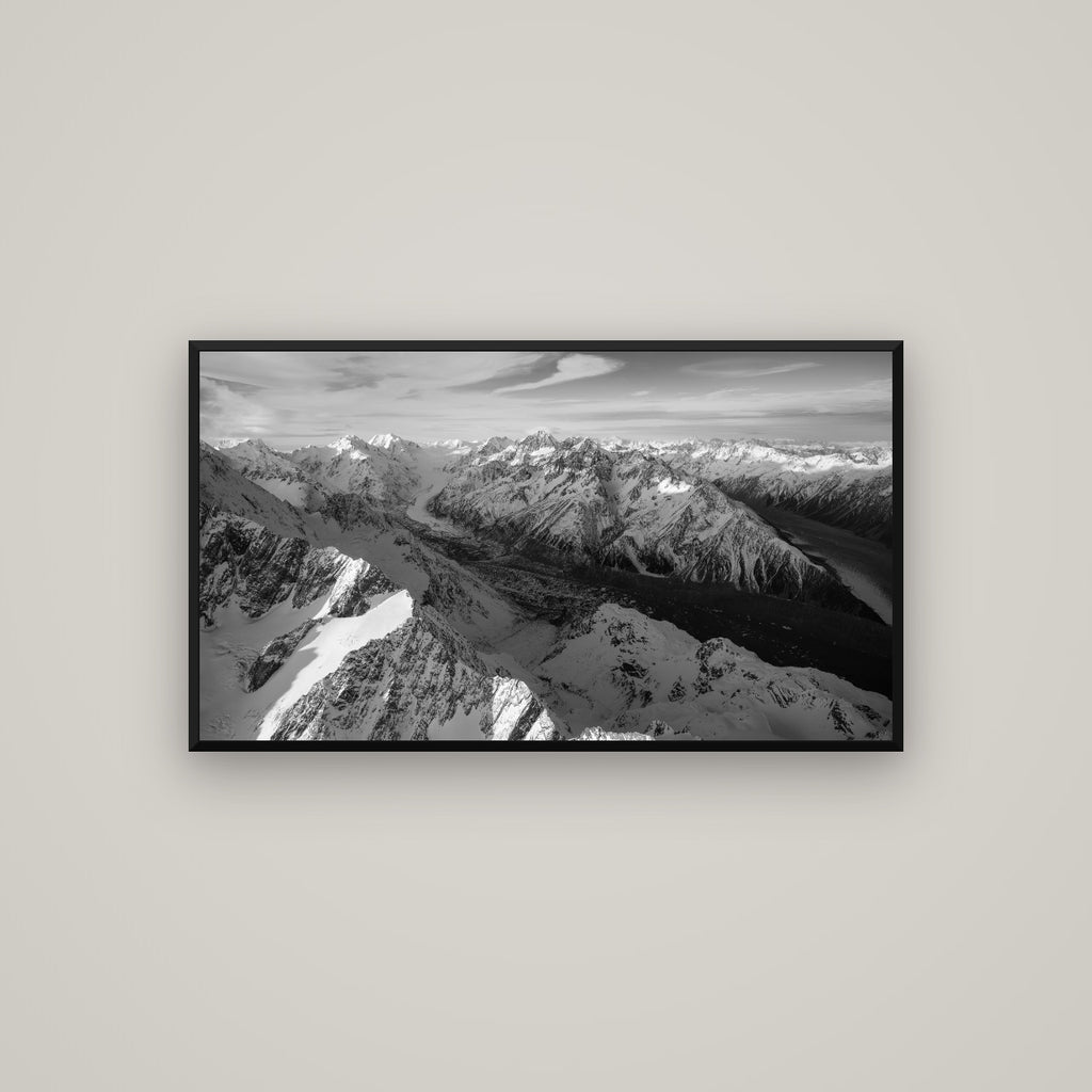 The Great Divide, Southern Alps — Basel Black Matte, 107×60 cm. New Zealand fine art wall art by Stephen Milner.
