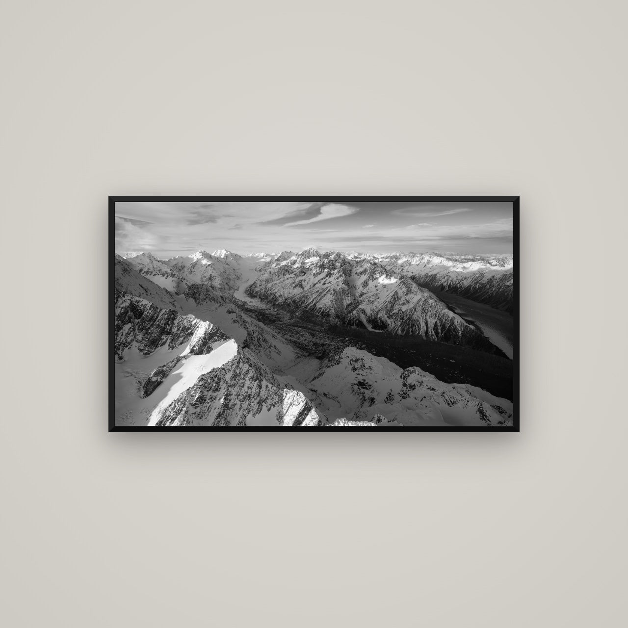 The Great Divide, Southern Alps — Basel Black, 107×60 cm. New Zealand fine art wall art by Stephen Milner.