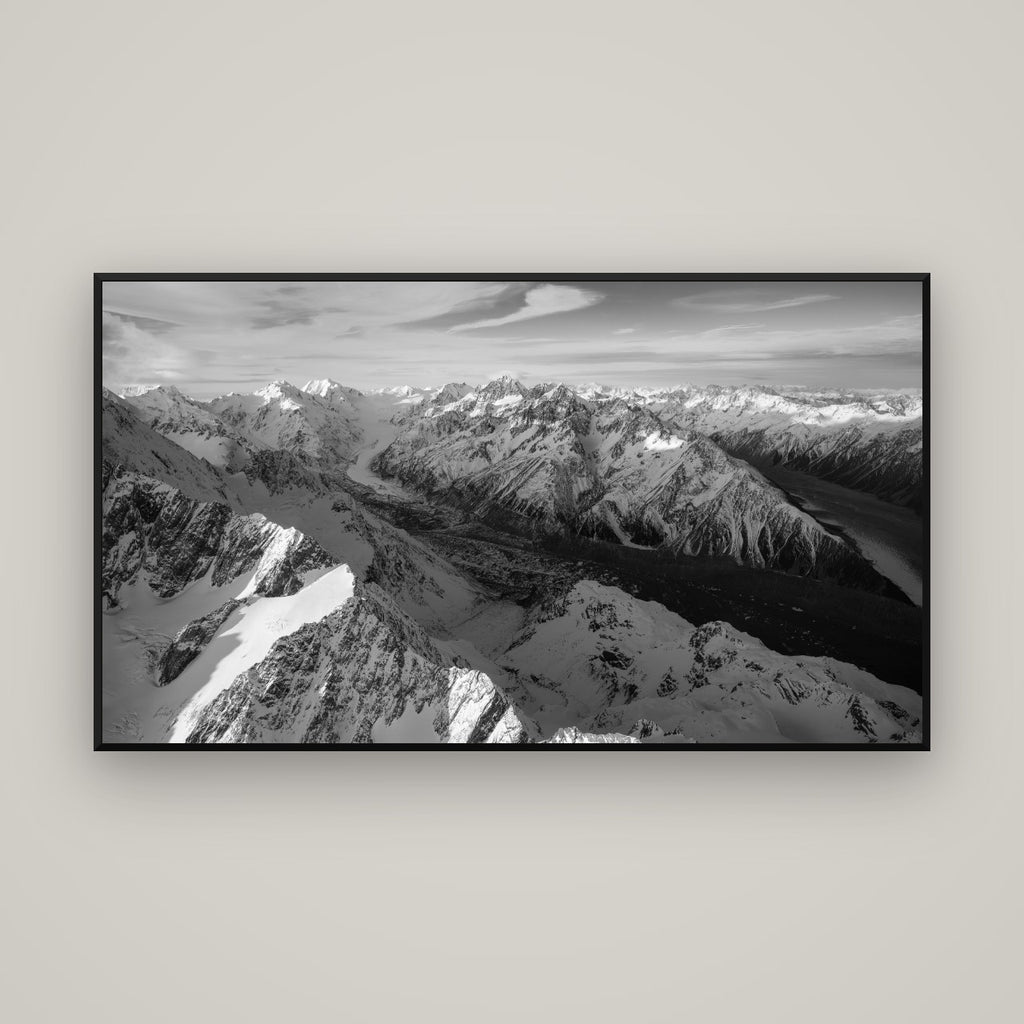 The Great Divide, Southern Alps — Basel Black Matte, 160×90 cm. New Zealand fine art wall art by Stephen Milner.