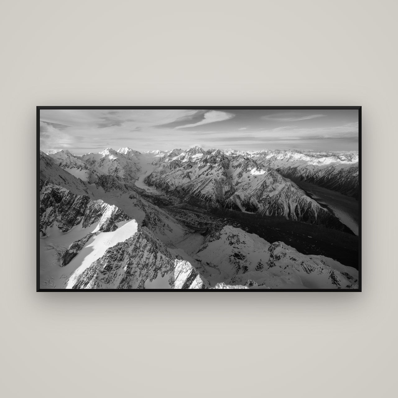 The Great Divide, Southern Alps — Basel Black, 160×90 cm. New Zealand fine art wall art by Stephen Milner.