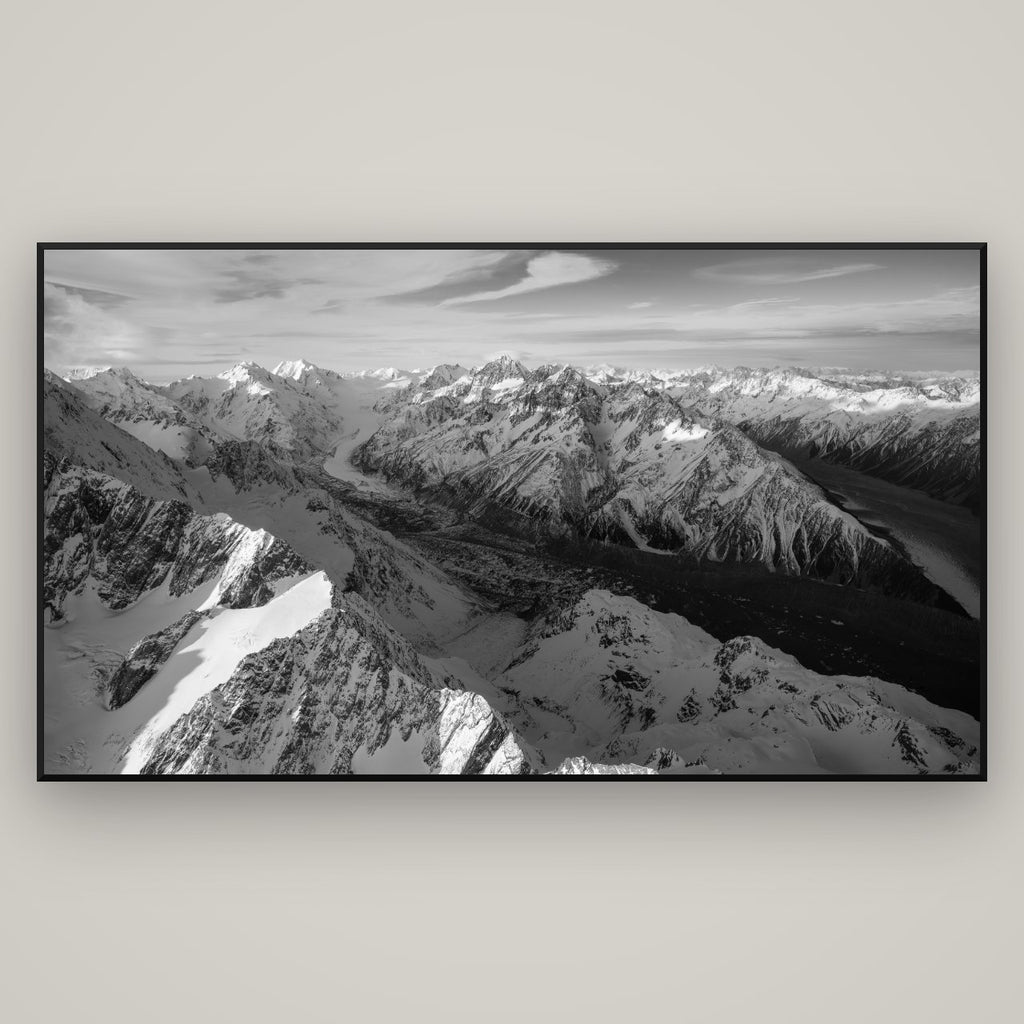 The Great Divide, Southern Alps — Basel Black Matte, 196×110 cm. New Zealand fine art wall art by Stephen Milner.