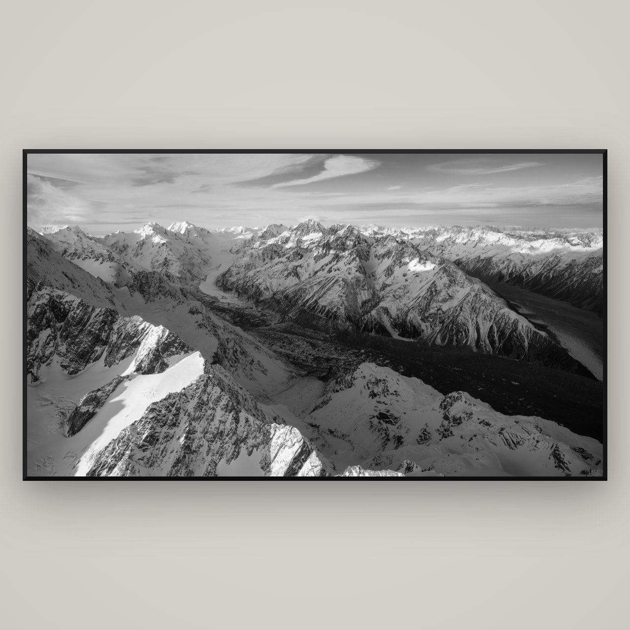 The Great Divide, Southern Alps — Basel Black, 196×110 cm. New Zealand fine art wall art by Stephen Milner.