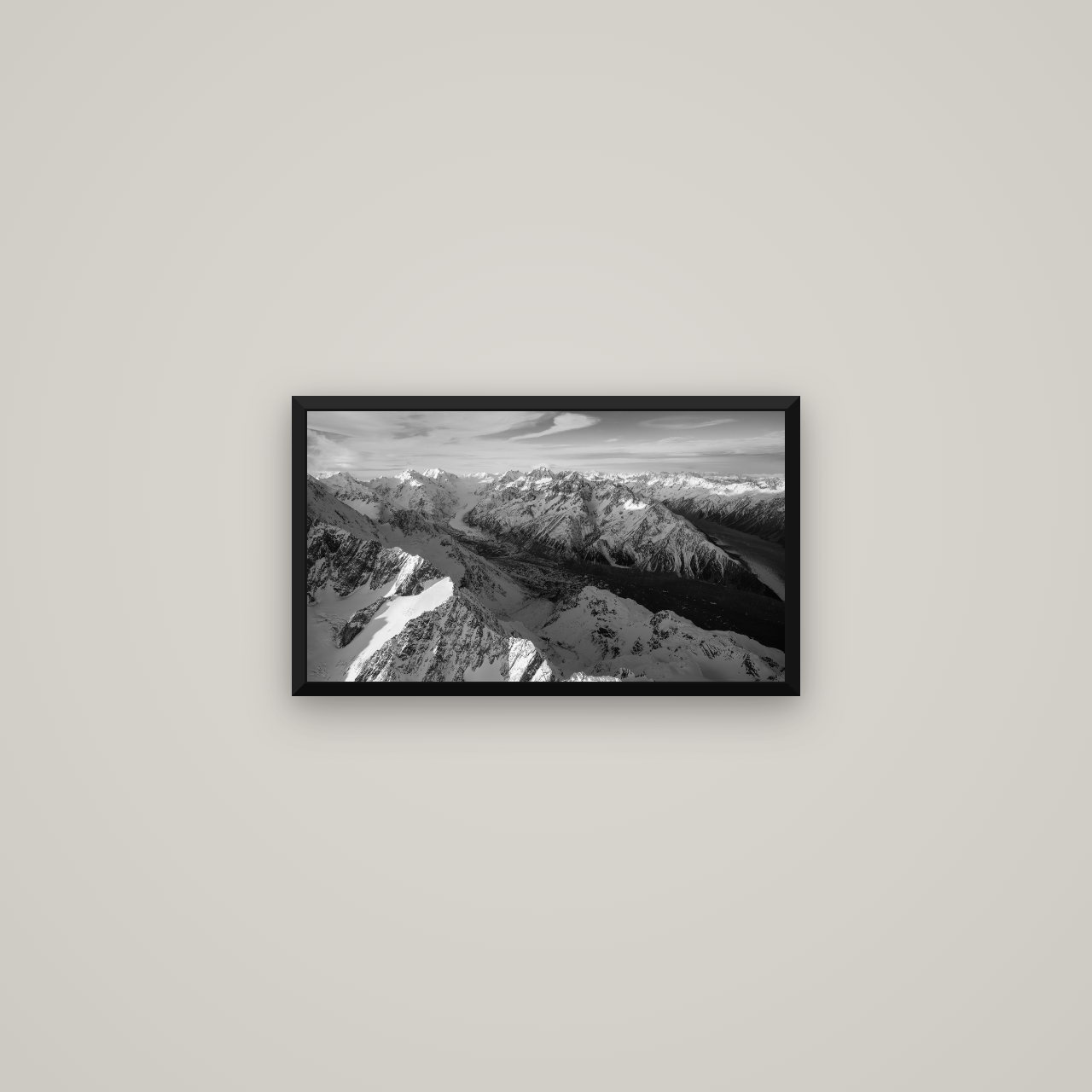 The Great Divide, Southern Alps — Basel Black Matte, 53×30 cm. New Zealand fine art wall art by Stephen Milner.