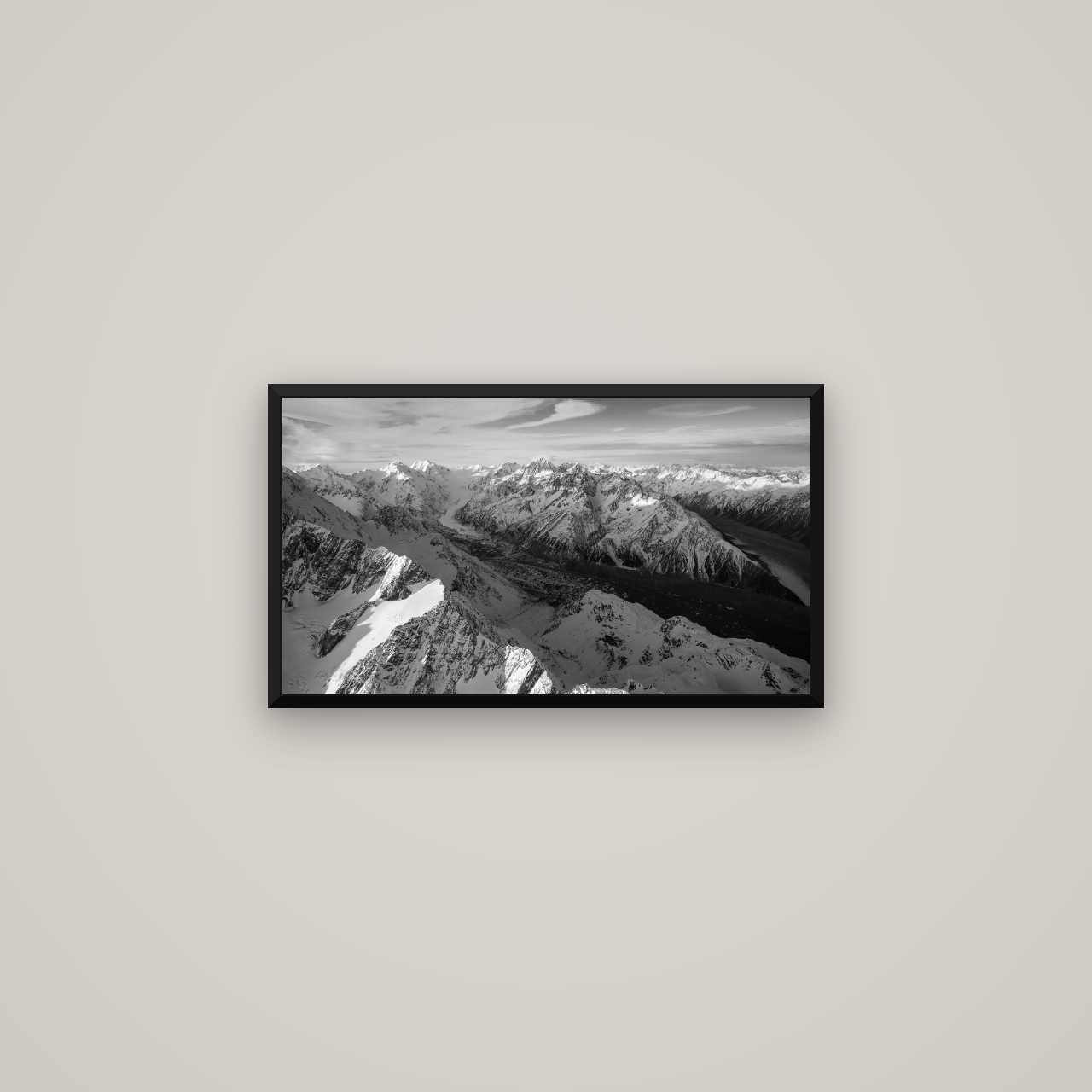 The Great Divide, Southern Alps — Basel Black Matte, 64×36 cm. New Zealand fine art wall art by Stephen Milner.