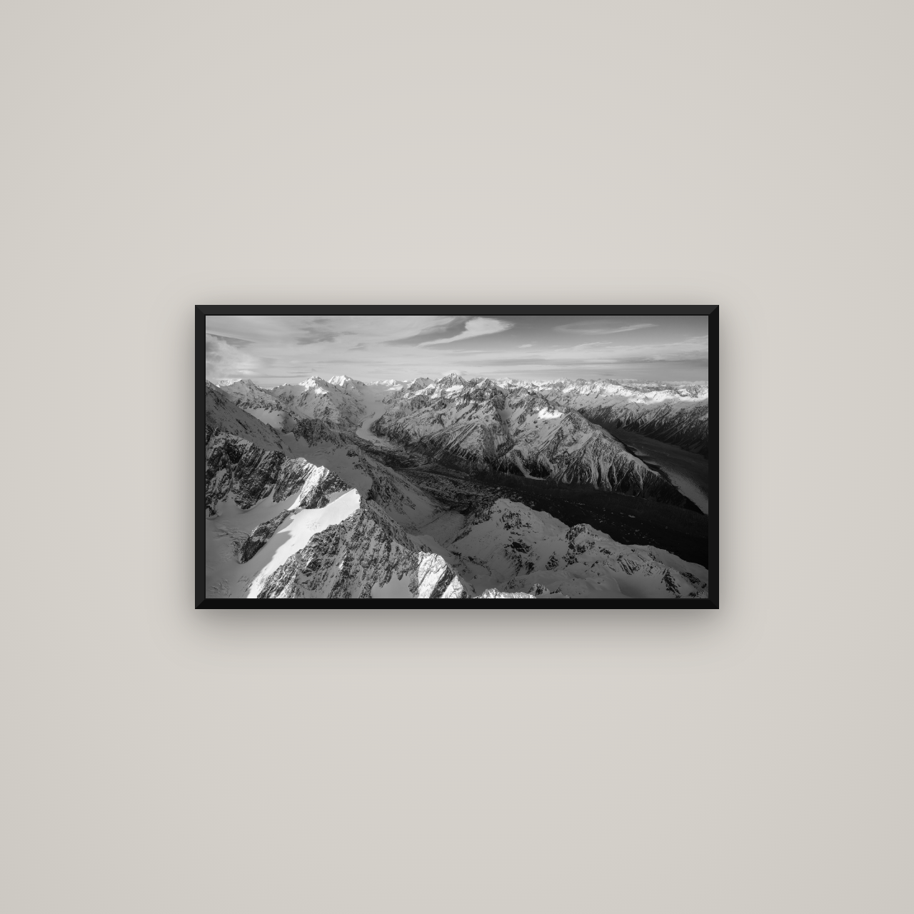 The Great Divide, Southern Alps — Basel Black Matte, 80×45 cm. New Zealand fine art wall art by Stephen Milner.