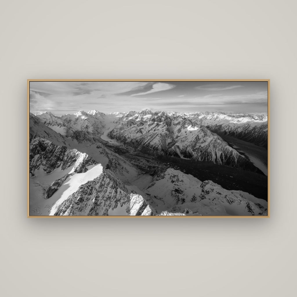 The Great Divide, Southern Alps, Basel Natural Oak, 160×90 cm. New Zealand fine art wall art by Stephen Milner.