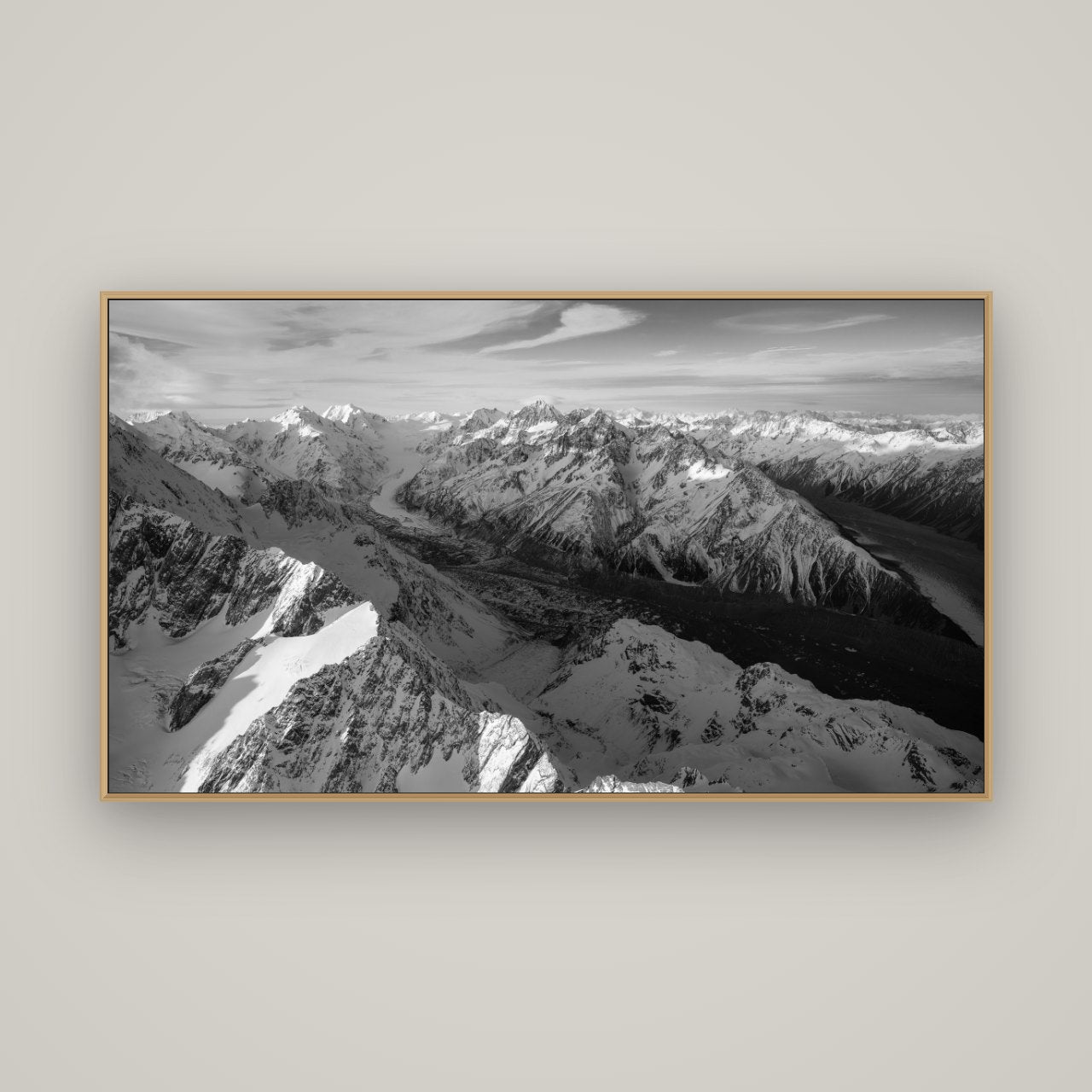 The Great Divide, Southern Alps, Basel Natural Oak, 160×90 cm. New Zealand fine art wall art by Stephen Milner.