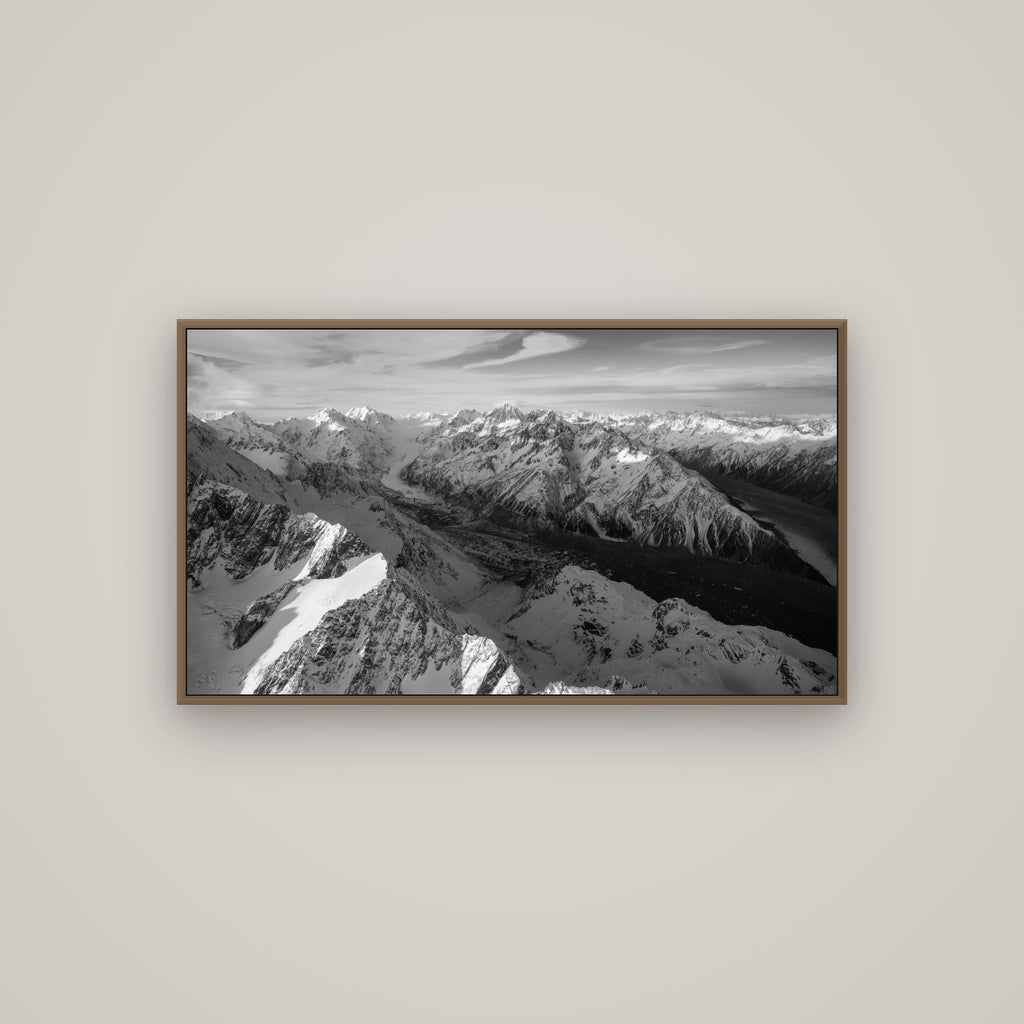The Great Divide, Southern Alps, Basel Walnut, 107×60 cm. New Zealand fine art wall art by Stephen Milner.