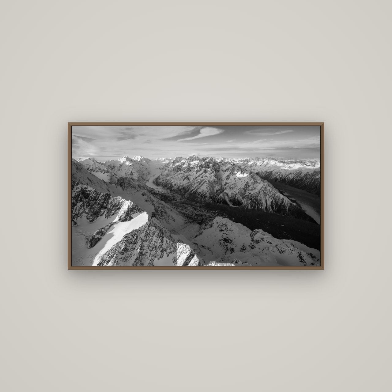 The Great Divide, Southern Alps, Basel Walnut, 107×60 cm. New Zealand fine art wall art by Stephen Milner.