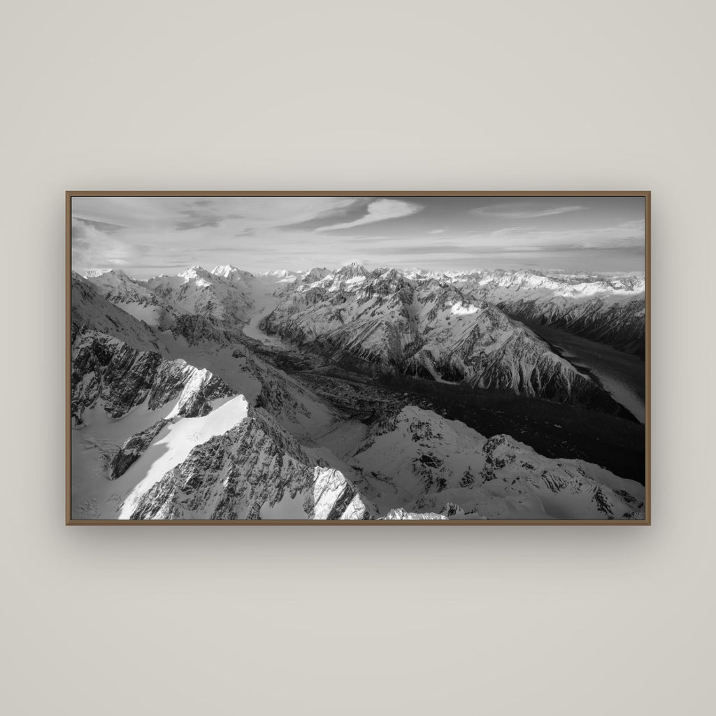 The Great Divide, Southern Alps, Basel Walnut, 160×90 cm. New Zealand fine art wall art by Stephen Milner.