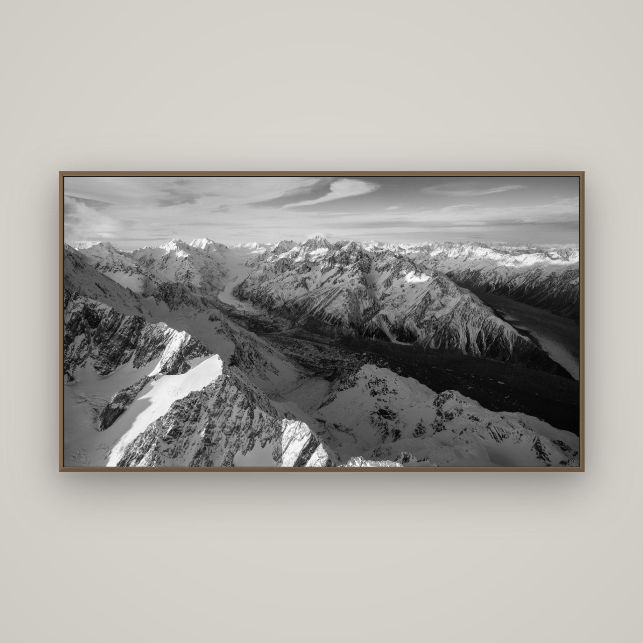 The Great Divide, Southern Alps, Basel Walnut, 160×90 cm. New Zealand fine art wall art by Stephen Milner.