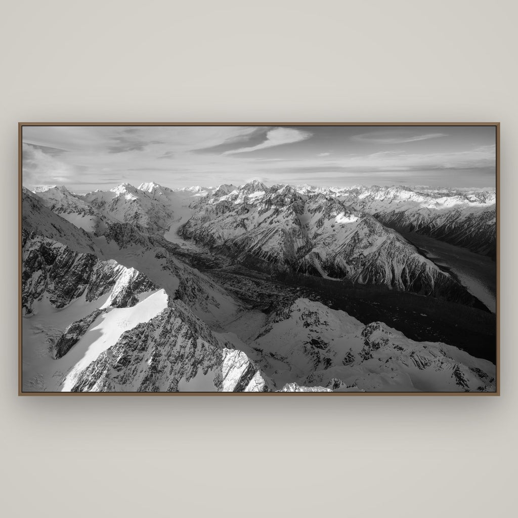 The Great Divide, Southern Alps, Basel Walnut, 196×110 cm. New Zealand fine art wall art by Stephen Milner.