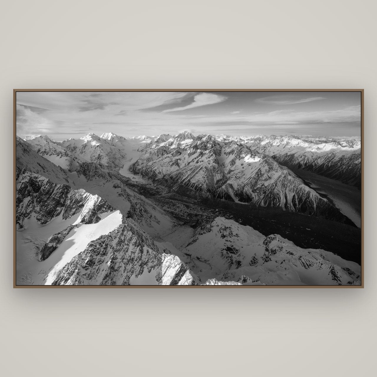 The Great Divide, Southern Alps, Basel Walnut, 196×110 cm. New Zealand fine art wall art by Stephen Milner.