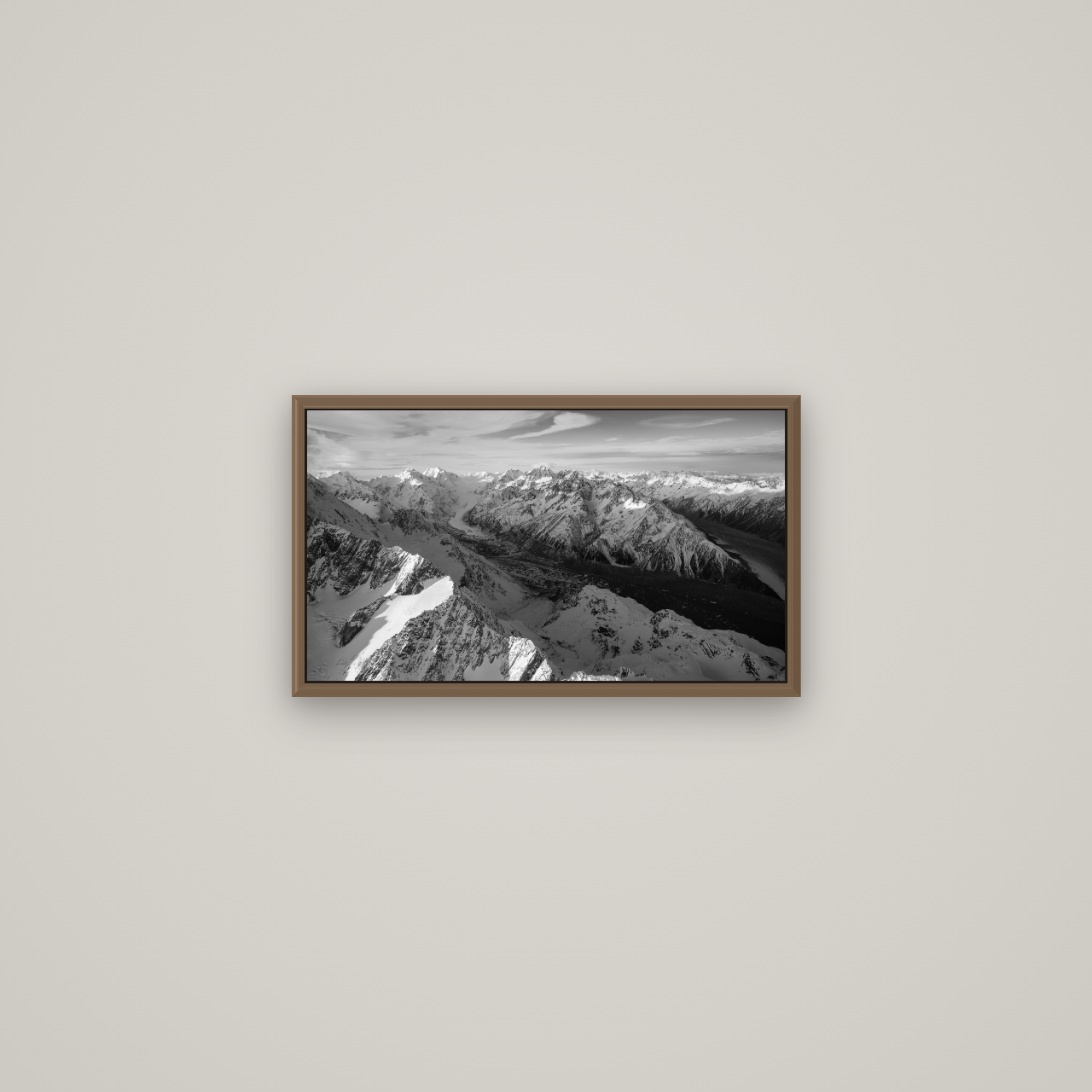 The Great Divide, Southern Alps, Basel Walnut, 53×30 cm. New Zealand fine art wall art by Stephen Milner.