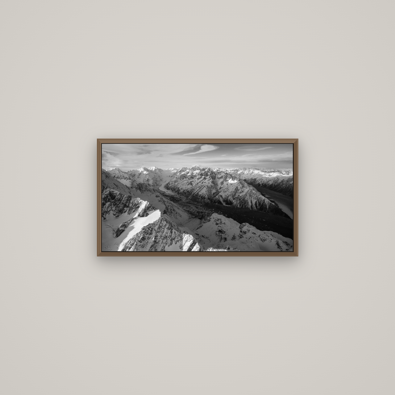 The Great Divide, Southern Alps, Basel Walnut, 64×36 cm. New Zealand fine art wall art by Stephen Milner.