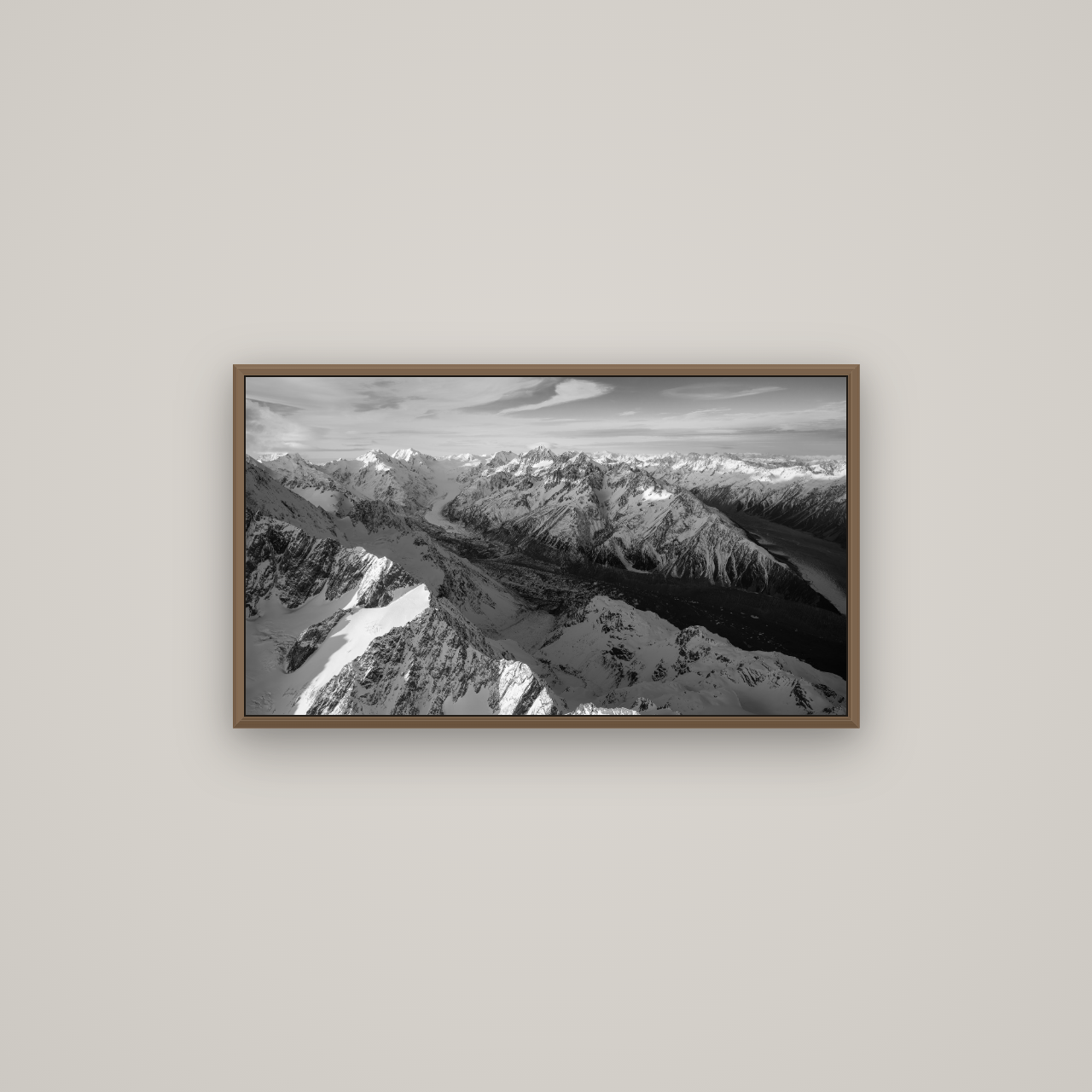 The Great Divide, Southern Alps, Basel Walnut, 80×45 cm. New Zealand fine art wall art by Stephen Milner.