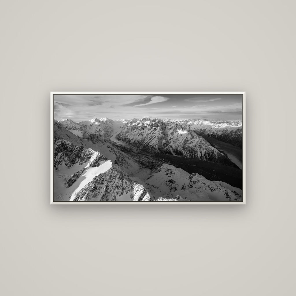 The Great Divide, Southern Alps — Basel White, 107×60 cm. New Zealand fine art wall art by Stephen Milner.