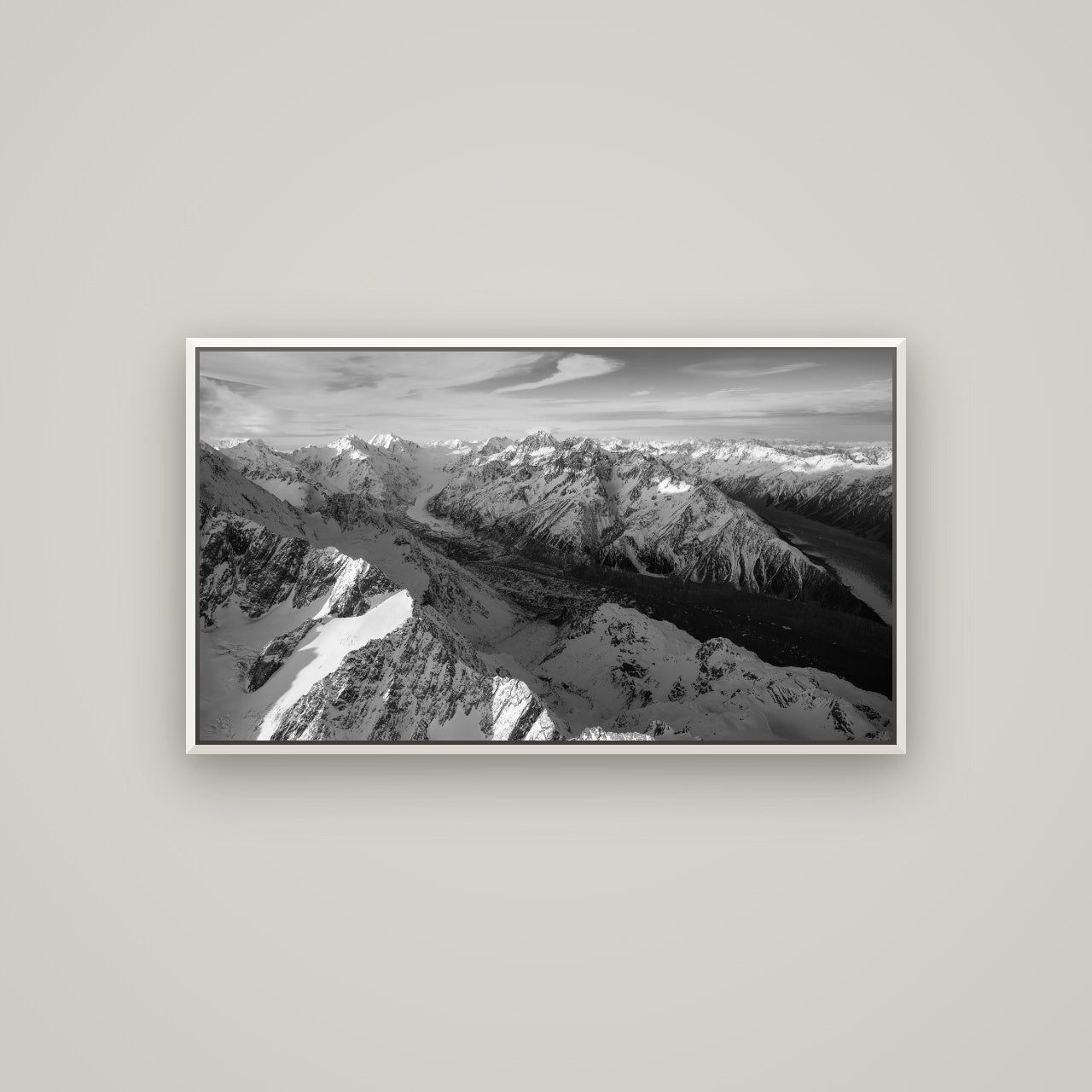 The Great Divide, Southern Alps — Basel White, 107×60 cm. New Zealand fine art wall art by Stephen Milner.