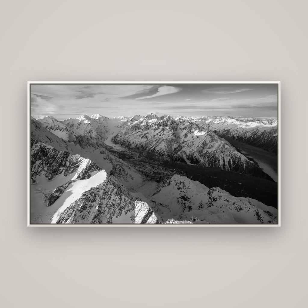 The Great Divide, Southern Alps — Basel White, 160×90 cm. New Zealand fine art wall art by Stephen Milner.