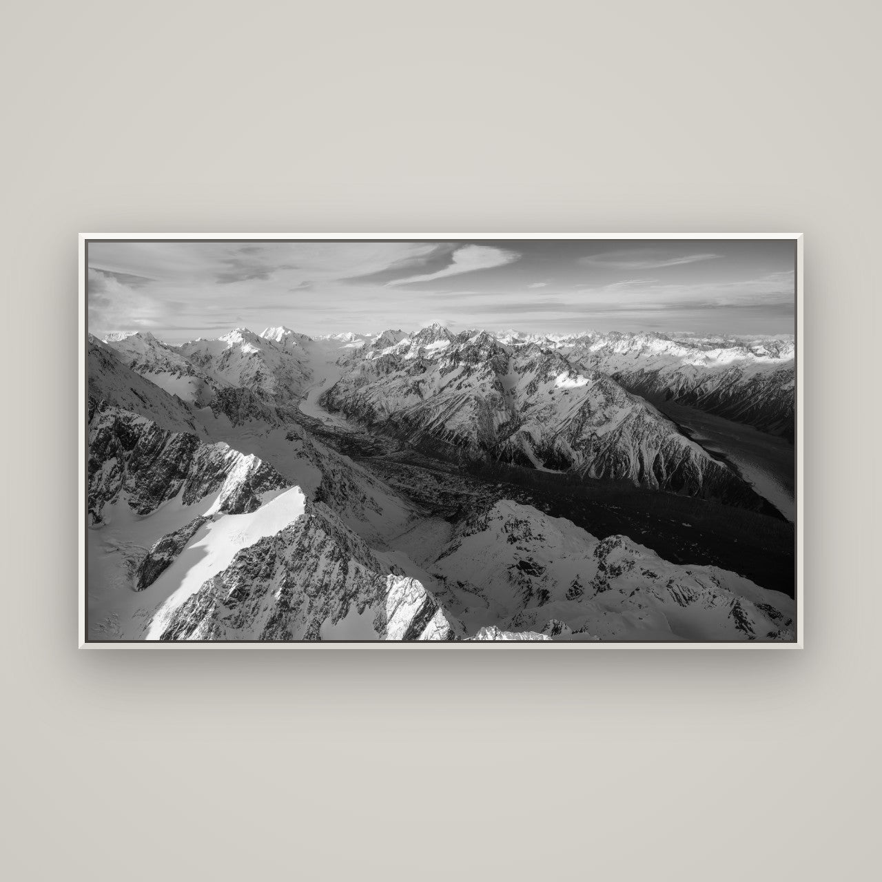 The Great Divide, Southern Alps — Basel White, 160×90 cm. New Zealand fine art wall art by Stephen Milner.