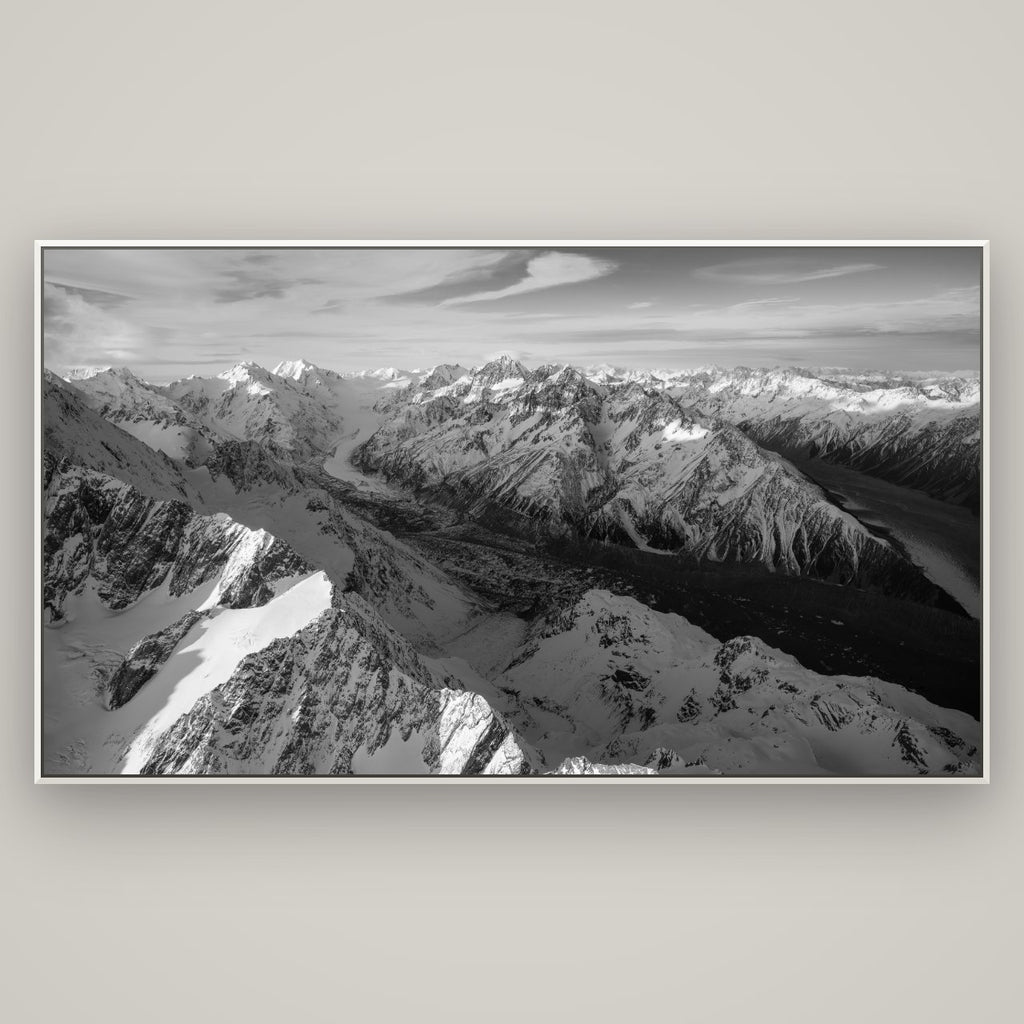 The Great Divide, Southern Alps — Basel White, 196×110 cm. New Zealand fine art wall art by Stephen Milner.