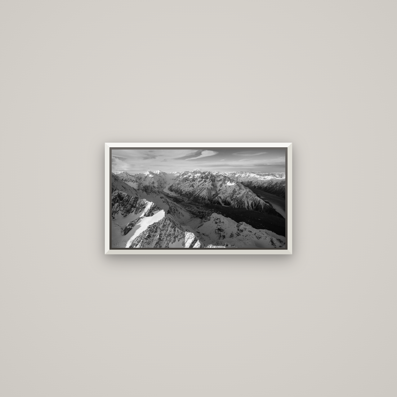 The Great Divide, Southern Alps — Basel White, 53×30 cm. New Zealand fine art wall art by Stephen Milner.