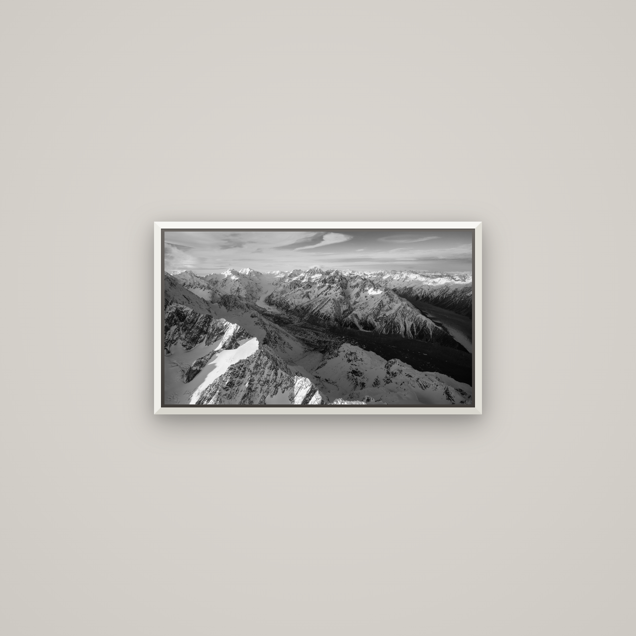 The Great Divide, Southern Alps — Basel White, 64×36 cm. New Zealand fine art wall art by Stephen Milner.
