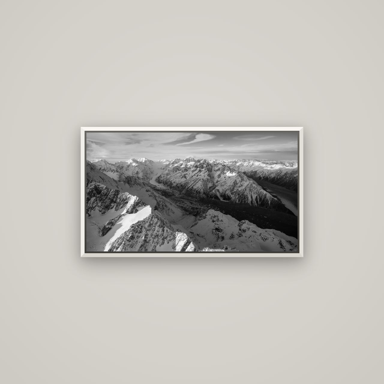 The Great Divide, Southern Alps — Basel White, 80×45 cm. New Zealand fine art wall art by Stephen Milner.